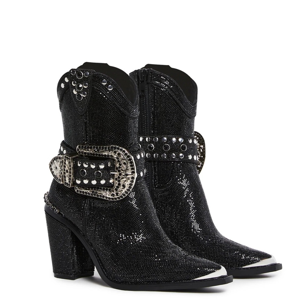 Black and Silver Western Ankle Boots with Studded Buckle(MEN’S 11)(WOMEN’S 13)